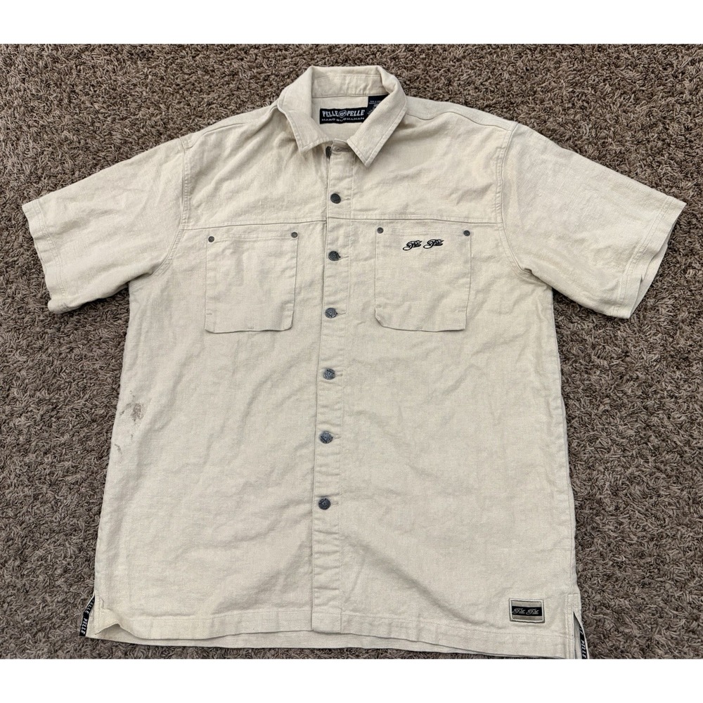 Pelle Pelle Marc Buchanan Light Beige Cotton Button Up Hip Hop Men's Shirt Sz XL